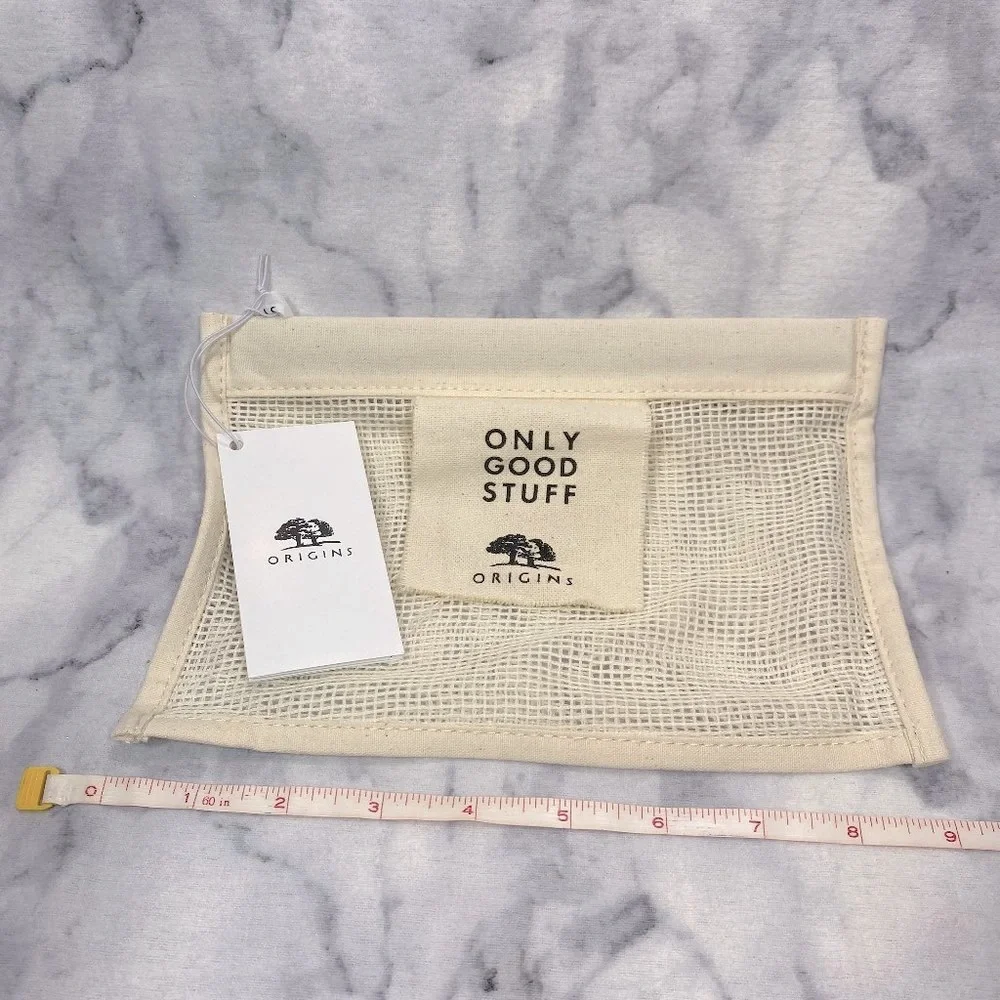 Origins Beauty Set-Beige Mesh Pouch,Cleanser,Lotion,Moisturizer,LipGloss-5pc-NEW
